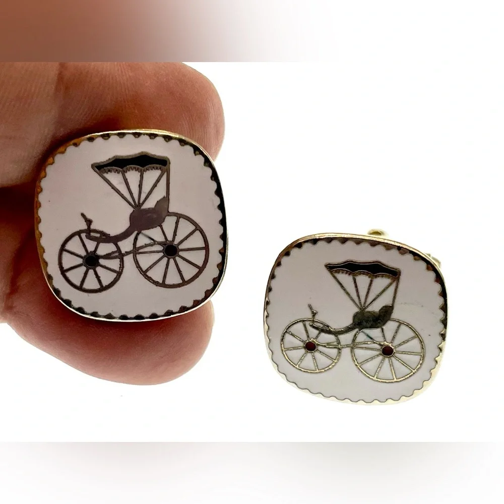 Vintage Cufflinks Gold Tone and Enamel Square Antique Car